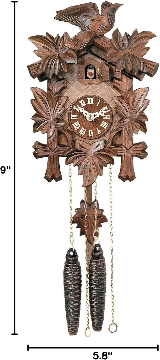 One Day Hand-Carved Cuckoo Clock with Five Maple Leaves & One Bird - 9 Inches Tall - Model # 11-09