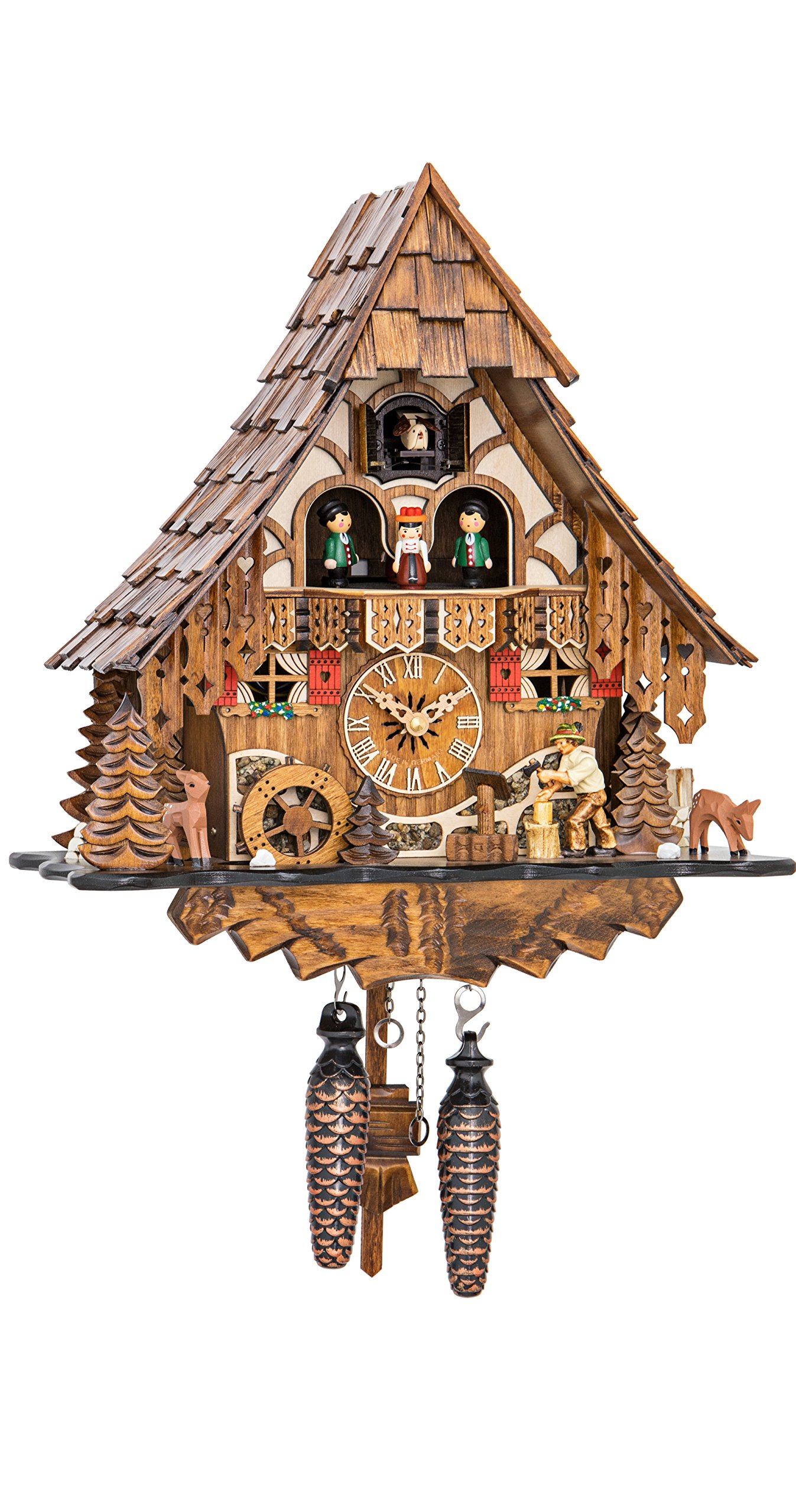 Engstler Quartz Cuckoo Clock Black Forest House with Moving Wood Chopper and Mill Wheel